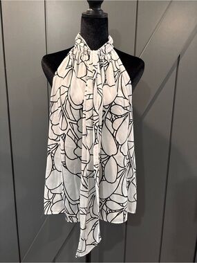 Worthington White Halter Scarf Top with Black Botanical Line Print